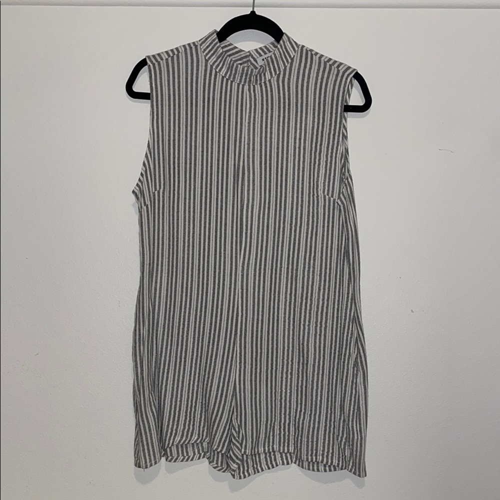 Black and White Striped Jumpsuit with Mandarin Collar